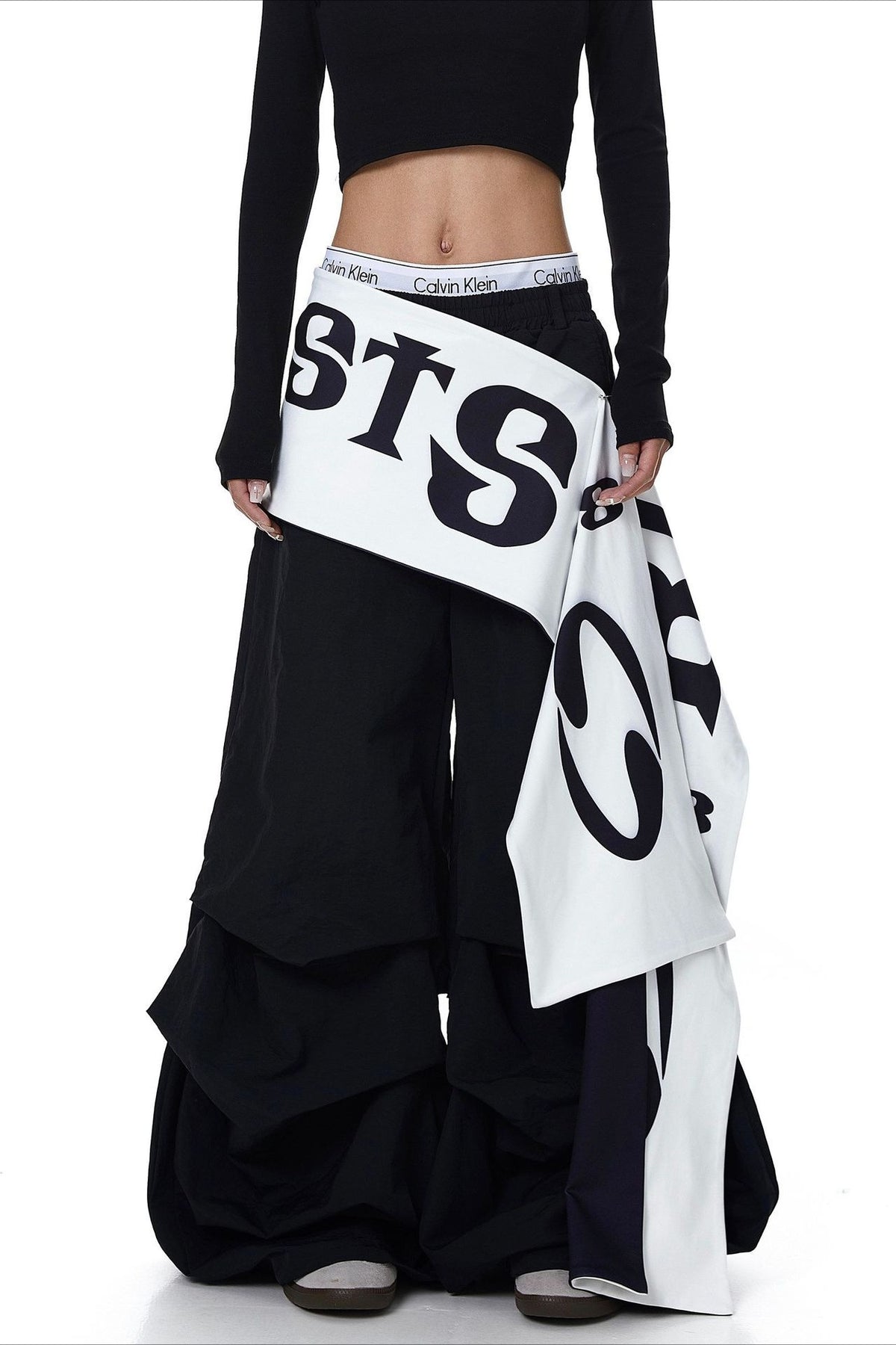 Layered Letter Print Parachute Pants