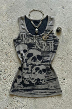 Grey Skull Letter Allover Printed Crew Neck Tank Top