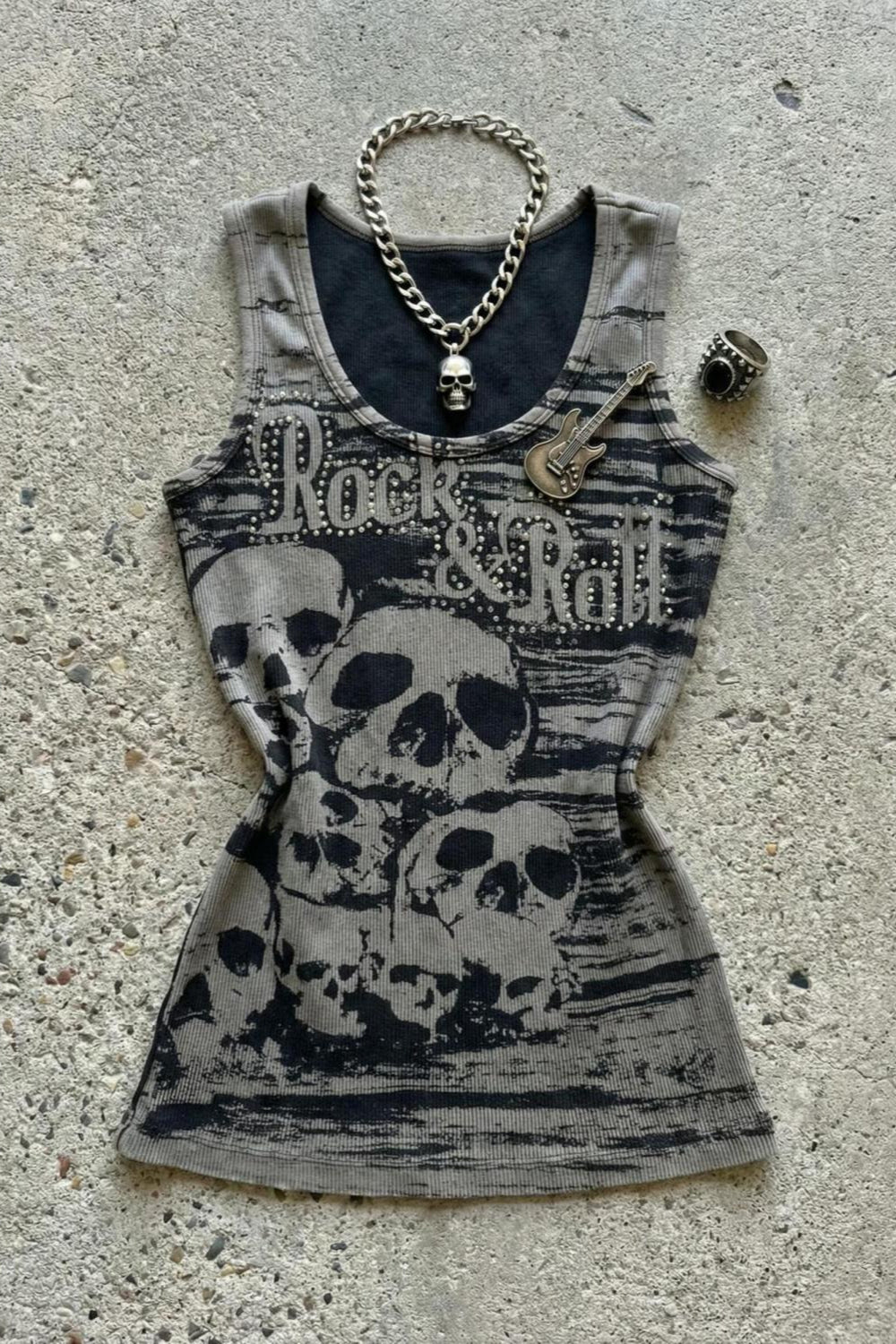 Grey Skull Letter Allover Printed Crew Neck Tank Top