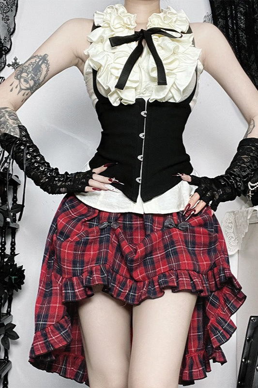 Plaid Vest And Tiered Mini Skirt Set