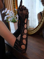 Dark Style Black Rhinestone Fishnet Rose Long Gloves