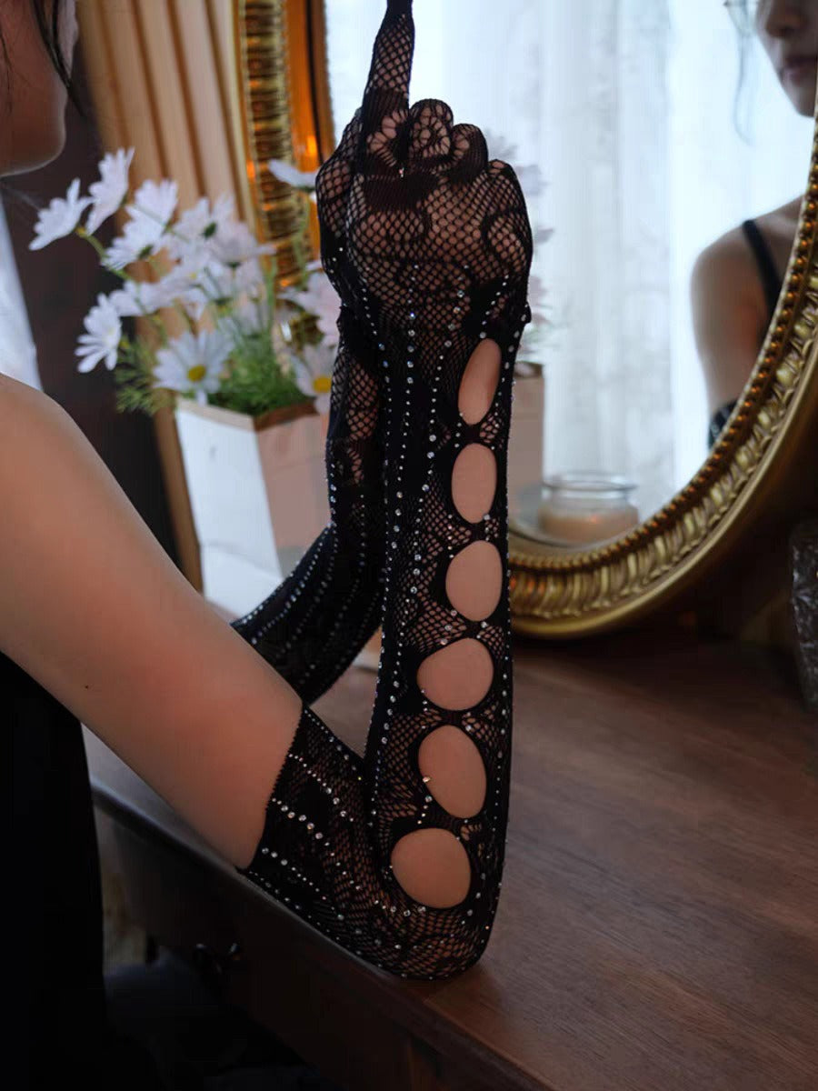 Dark Style Black Rhinestone Fishnet Rose Long Gloves