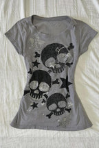 Skull Star Printed Shoulder Fit Ruched Slim T-shirt