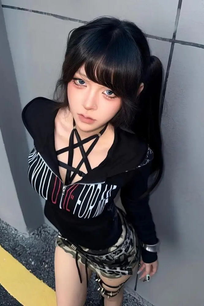 Gothic Graphic Hooded Long Sleeve  Crop Top