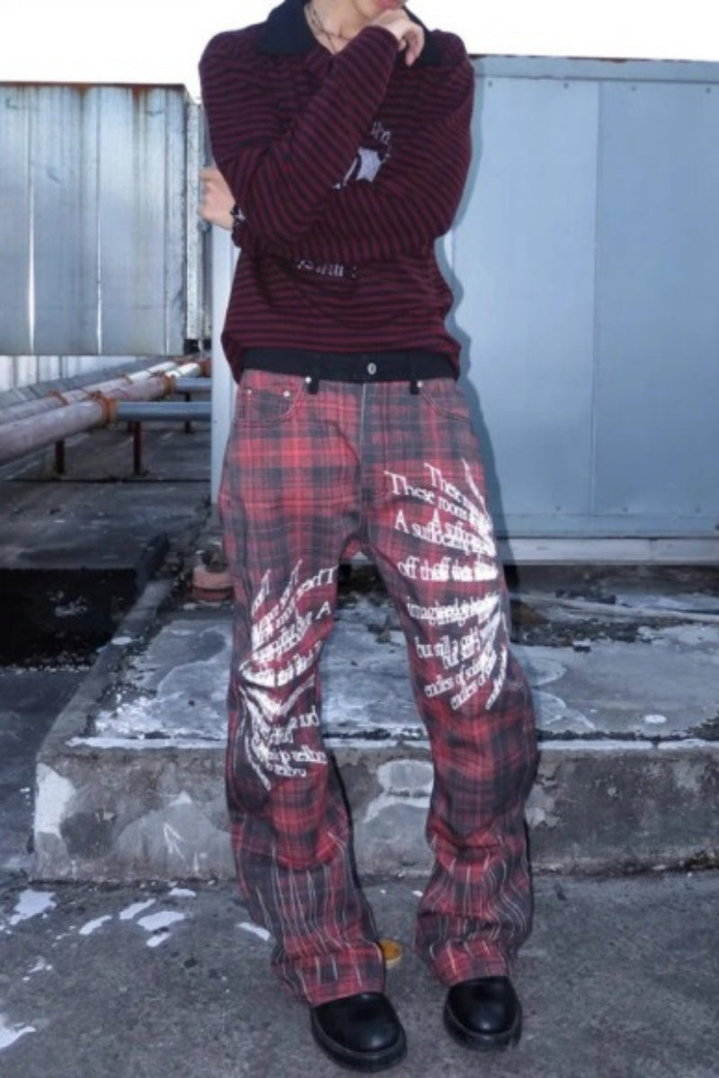 Punk Street Red Plaid Print Flare Curved Blade Denim Pants Secondary image