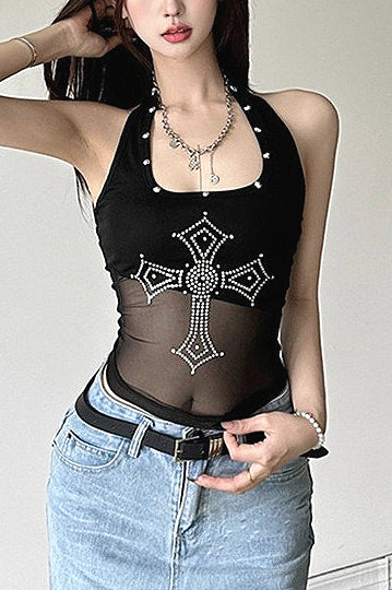 Punk Sexy Slim Mesh Rhinestone Halter Cami Top