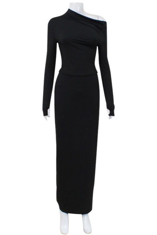 Asymmetric Shoulder Long Sleeve Skirt Sets