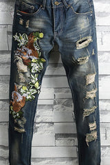 Embroidered Tiger Denim Pants