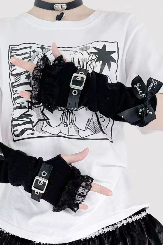 Buckle Bow Lace Trim Gloves