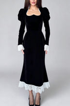 Contrast Lace Puff Sleeve Maxi Dress