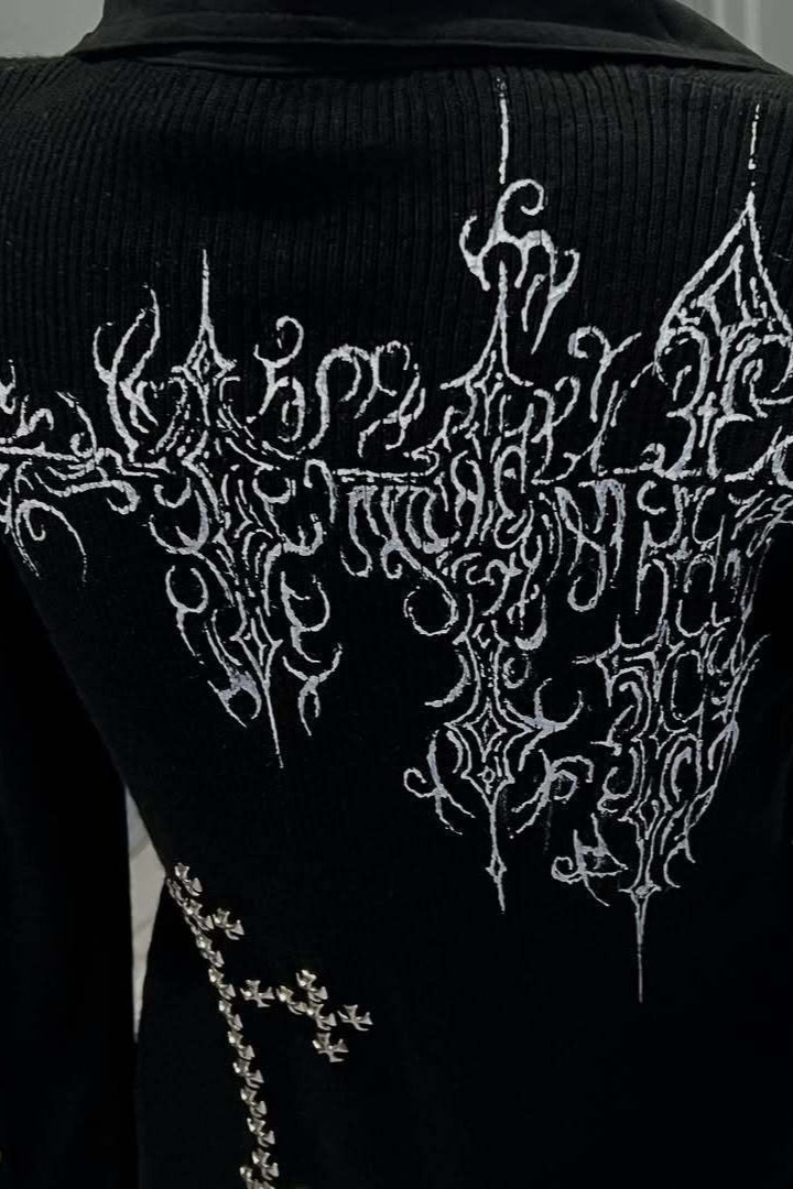 Rhinestone Cross Ribbed Zip Hoodie