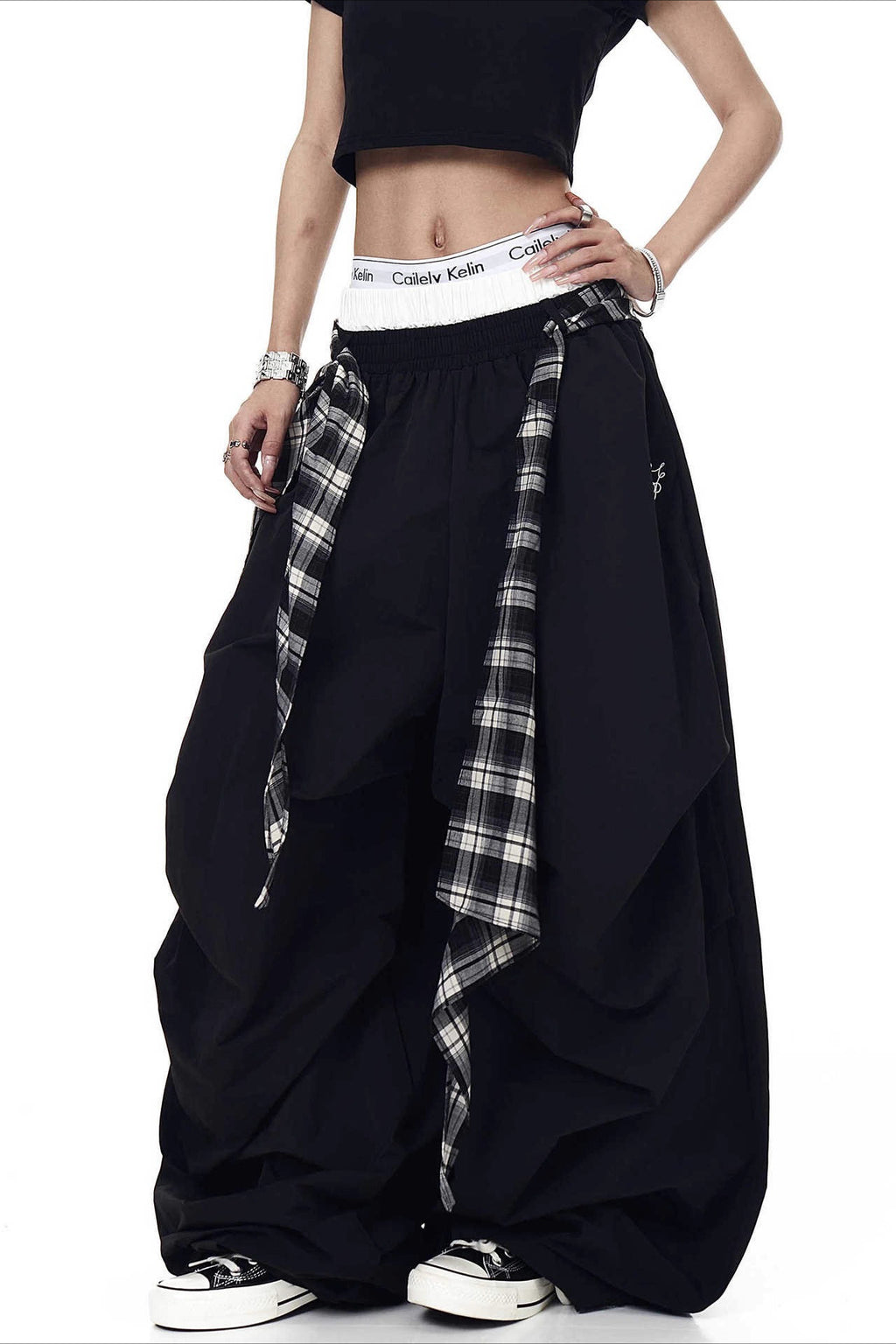 Plaid Accent Layered Wide Pants