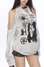 Portrait Graphic Shoulder Cutout Sweatshirt