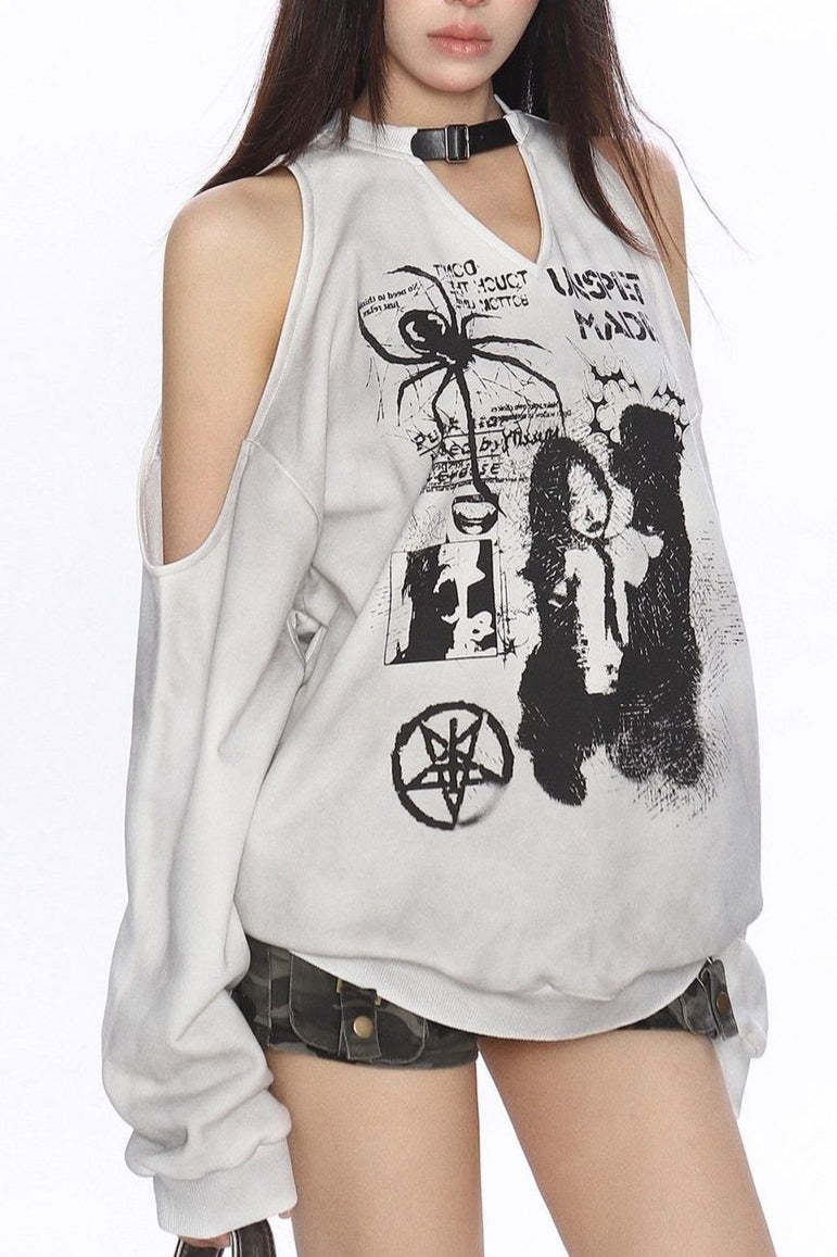 Portrait Graphic Shoulder Cutout Sweatshirt