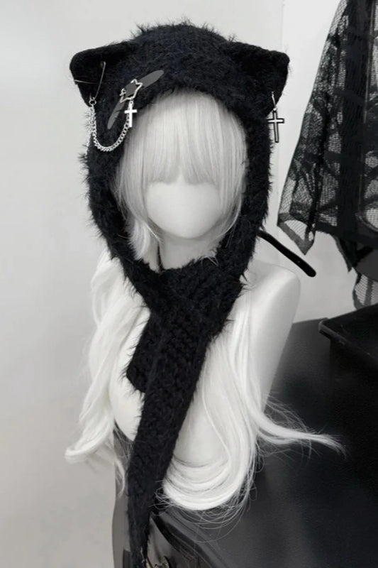 Harajuku Cat Ear Cross Chain Leather Buckle Knitted Winter Hat Main image