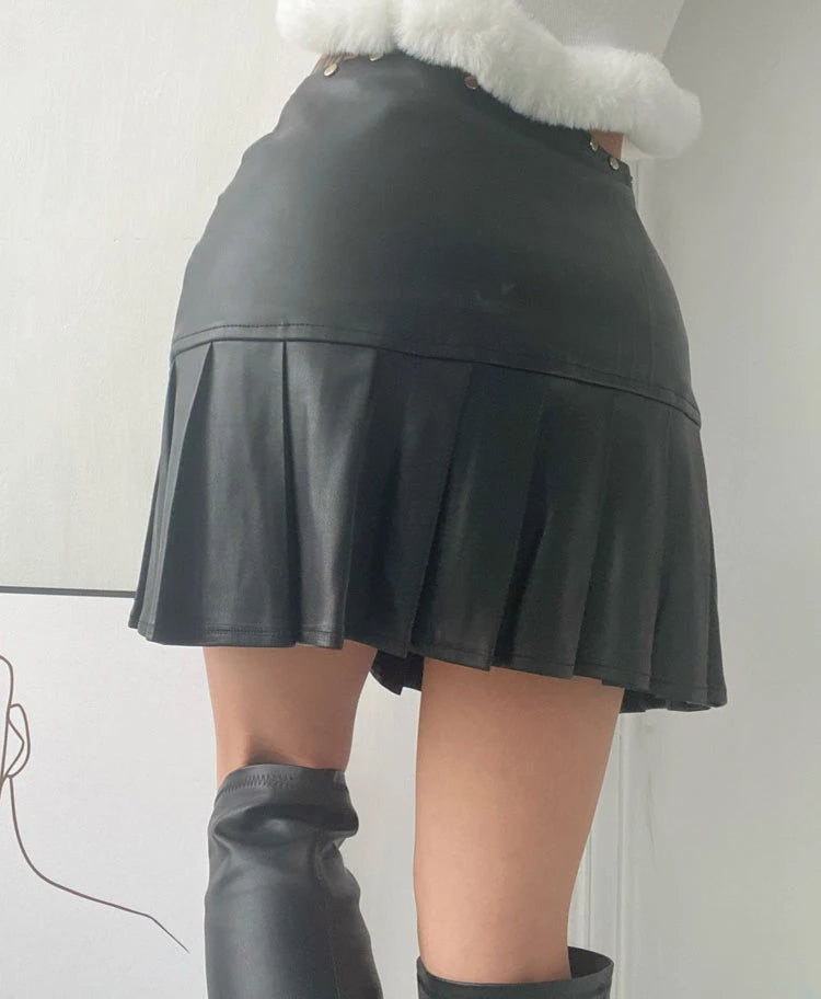Retro PU Leather Pleated Mini Skirt