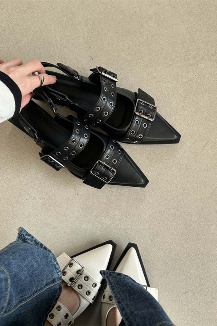 Pointed Buckle Slingback Block-Heel Shoes