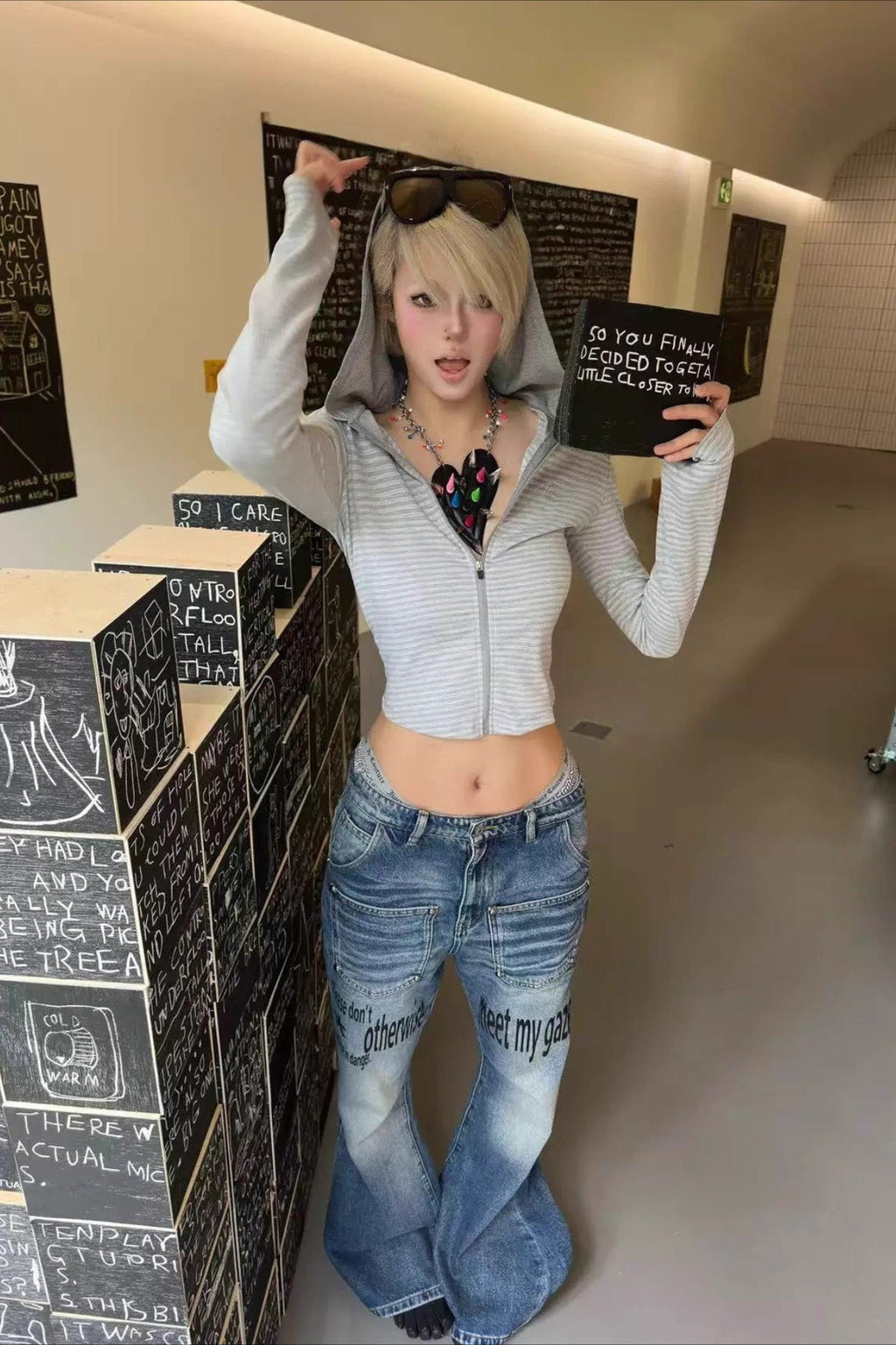 Slogan Print Studded Flare Jeans