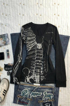 Black Skull Bone Printed V Neck Slim T-shirt
