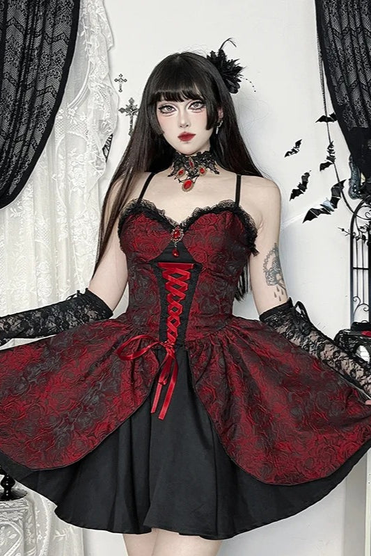 Dark Gothic Lolita Lace Patchwork High Waist Mini Dress Secondary image
