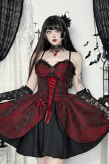 Dark Gothic Lolita Lace Patchwork High Waist Mini Dress