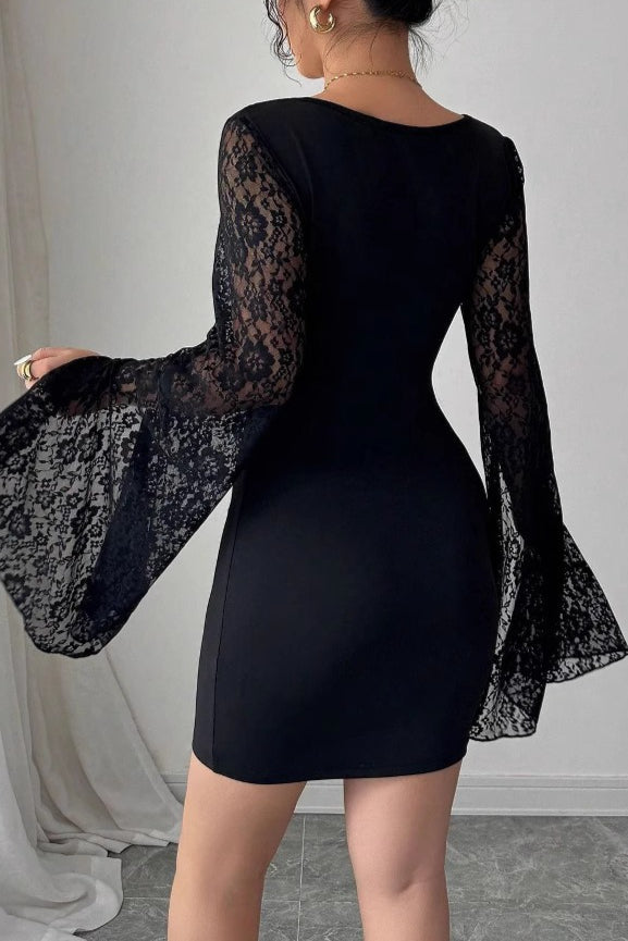Square Neck Lace Sleeve Mini Dress