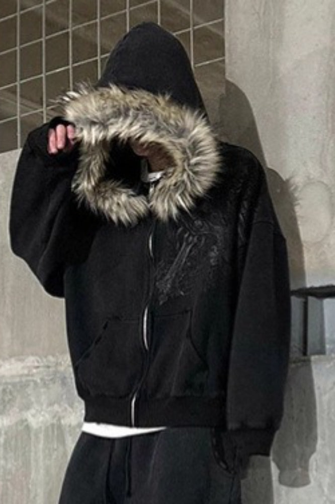 Gothic Graphic Brown Fur Trim Zip Hoodie Main image
