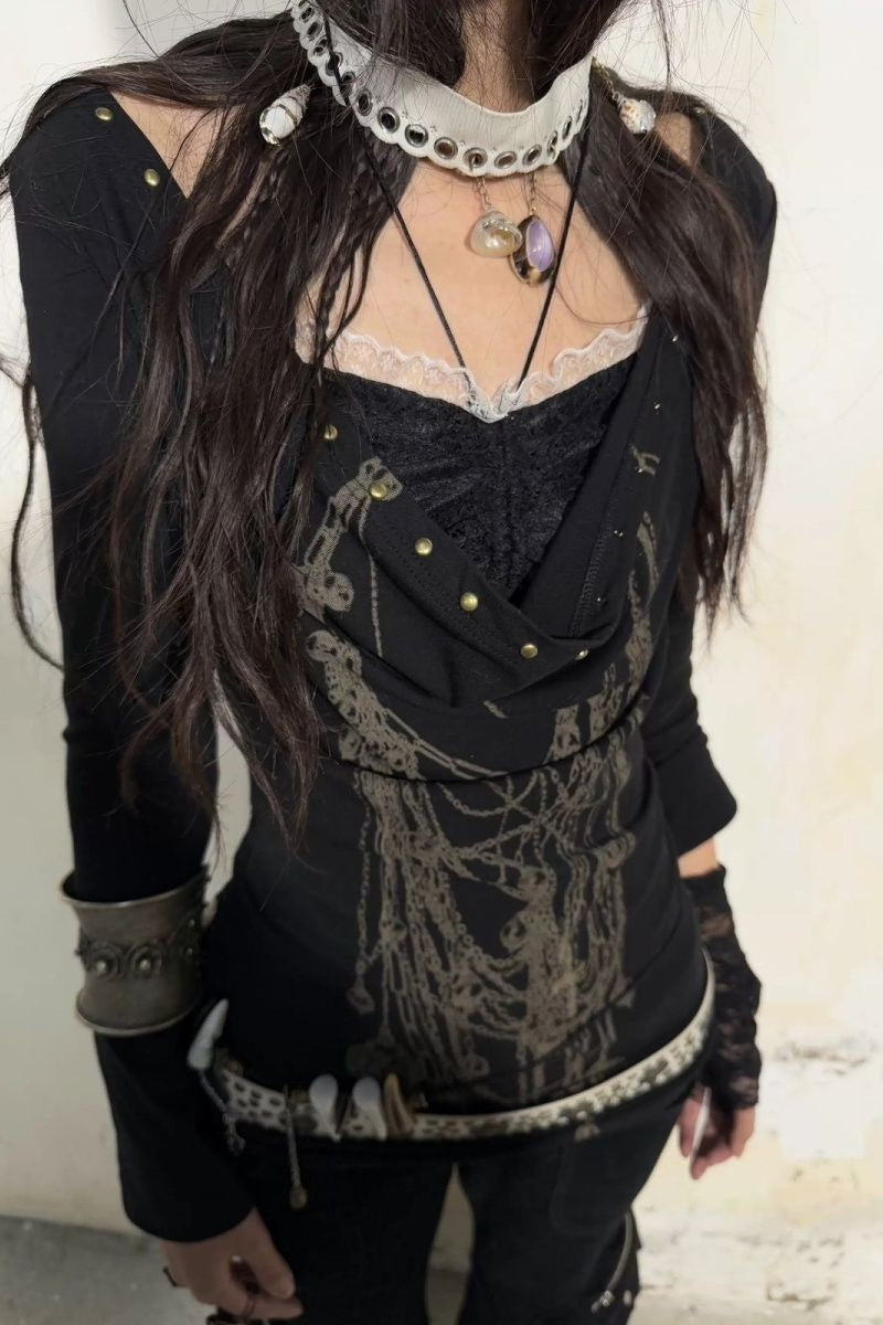 Grunge Lace Patchwork Layered Slim Long Sleeve T-shirt