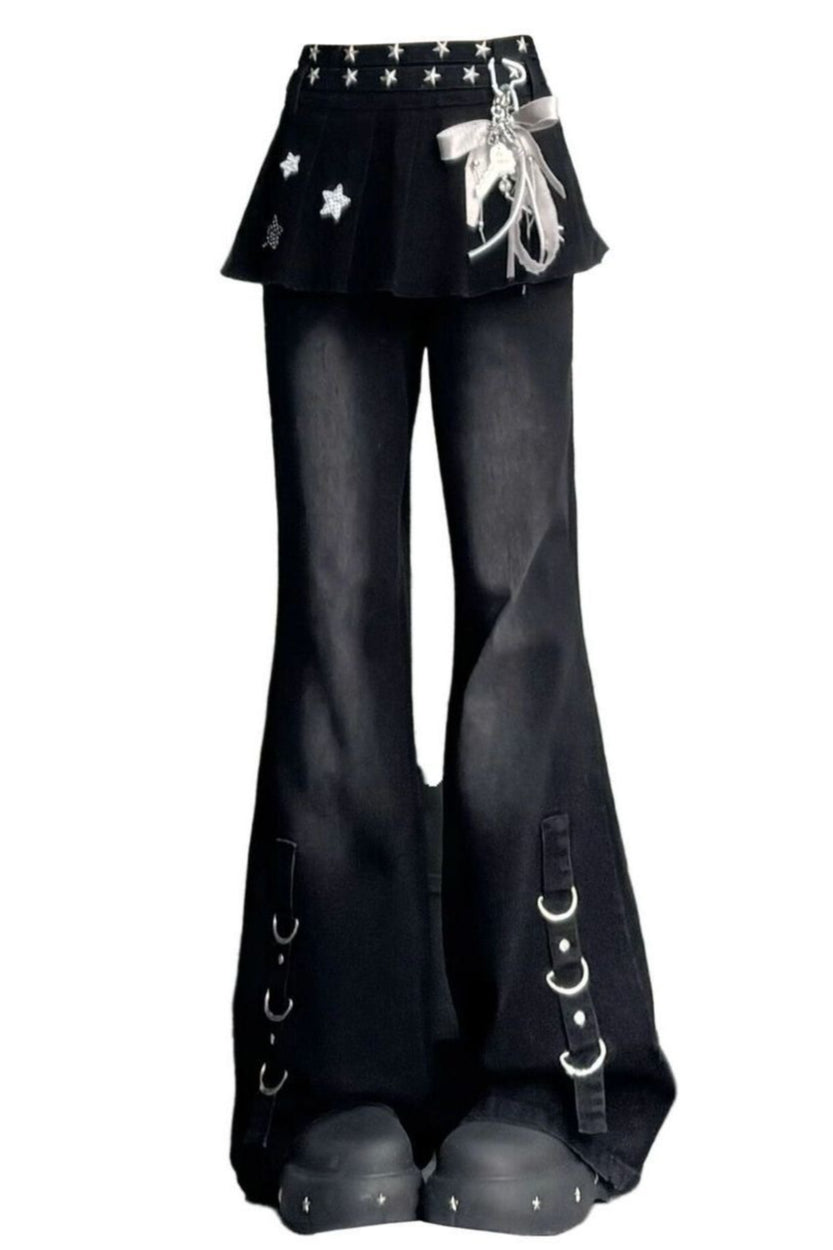 Layered Skirt Flared Denim Pants