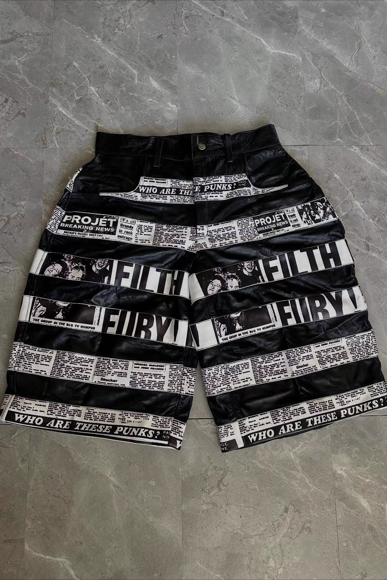Newspaper Print Patchwork Wide-Leg Shorts