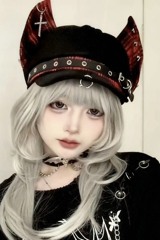 Y2K Gothic Punk Devil Ear Leather Buckle Cross Black Beret Hat Main image