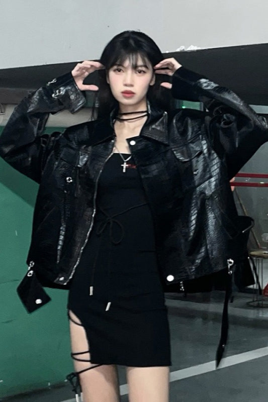 Casual Crocodile Punk Pattern PU Leather Jacket Main image