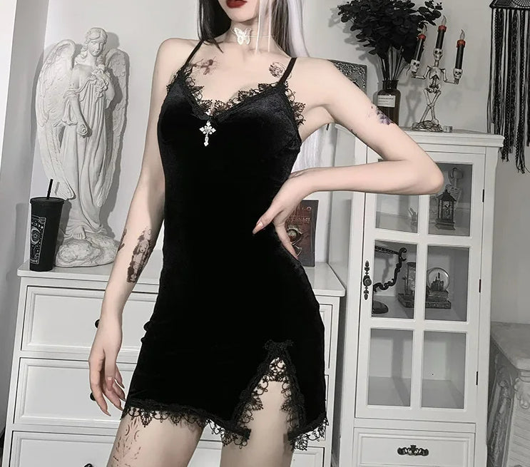 Cross Black Slit Mini Dress