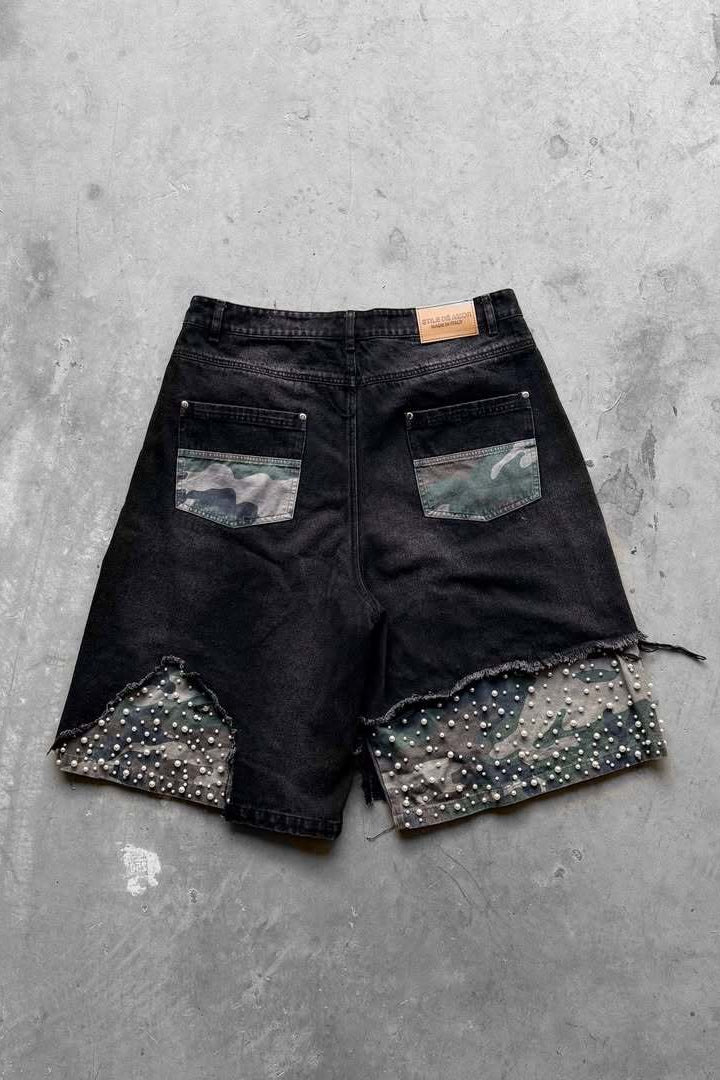 Distressed Studded Denim Bermuda Shorts