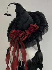 Black Witch Hat Gothic Rose Bow Lace Trim Hat