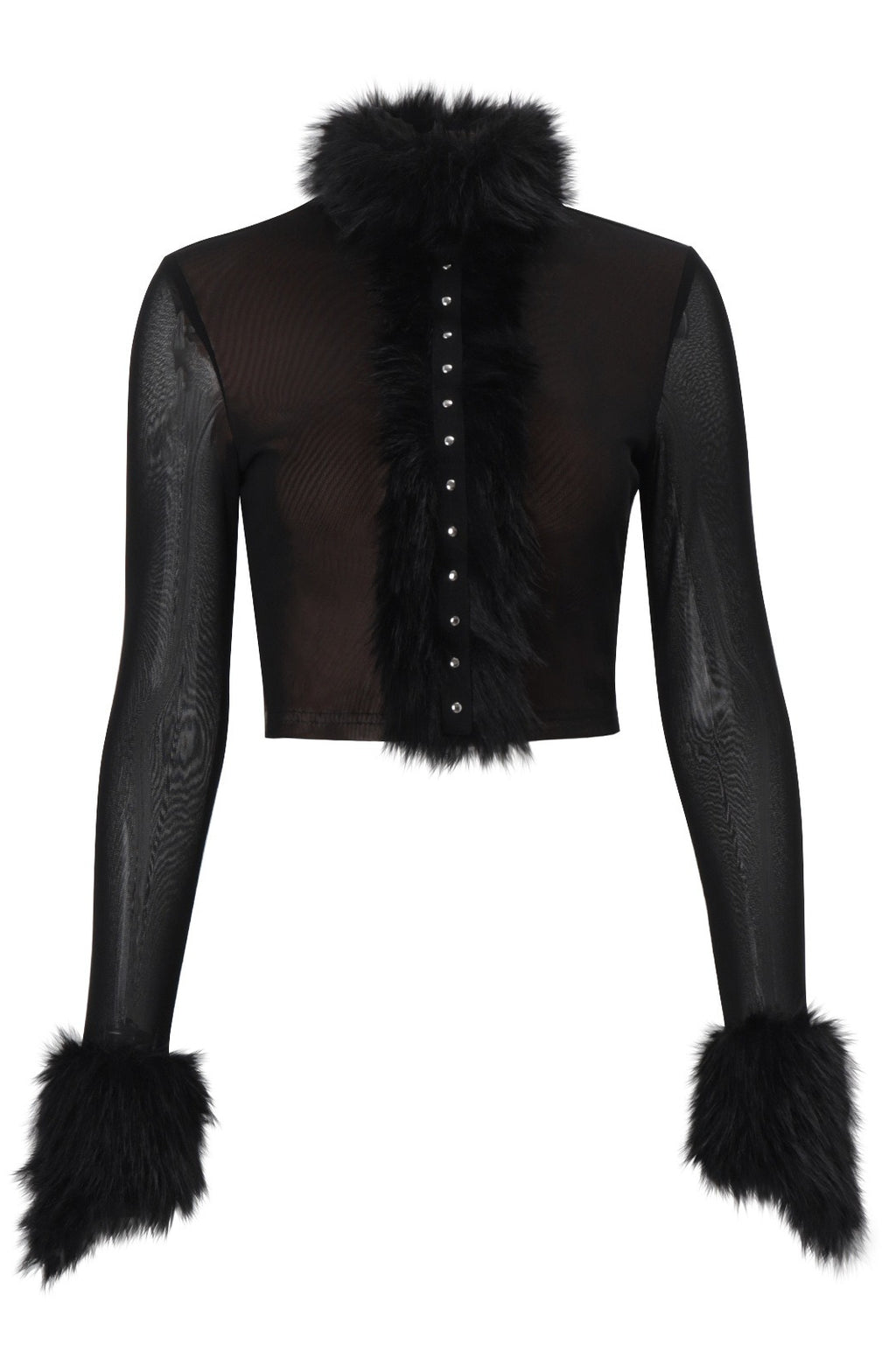 Fur Trim Mesh Long Sleeve Cardigan