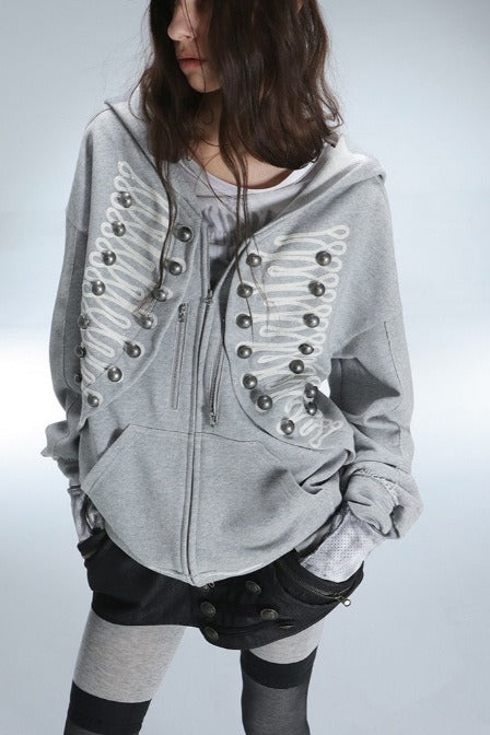GothicPunkMetal Detail Zip-Up Hoodie