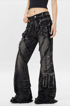 Buckle Pocket Washed Wide Leg Jeans