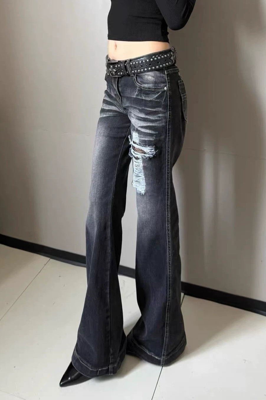 Cross Patch Distressed Flared Pants