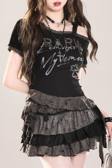 Dark Y2K Angel Print Off-Shoulder Slim T-shirt Main image