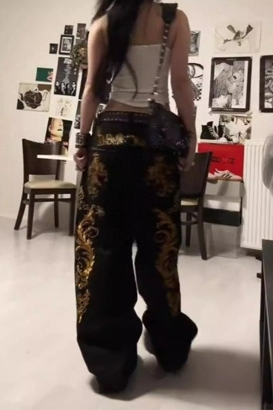 Trendy Heavy Duty Gold Print Wide Leg Pants