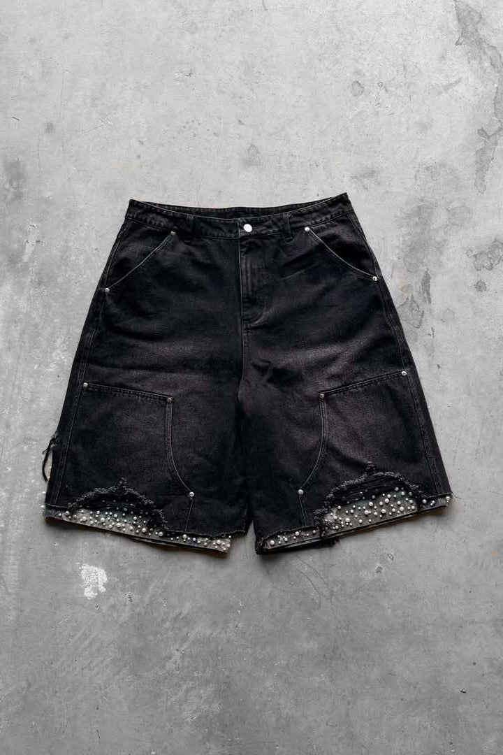 Distressed Studded Denim Bermuda Shorts