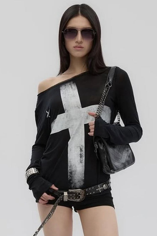 Cross Print Asymmetrical T-Shirt Secondary image