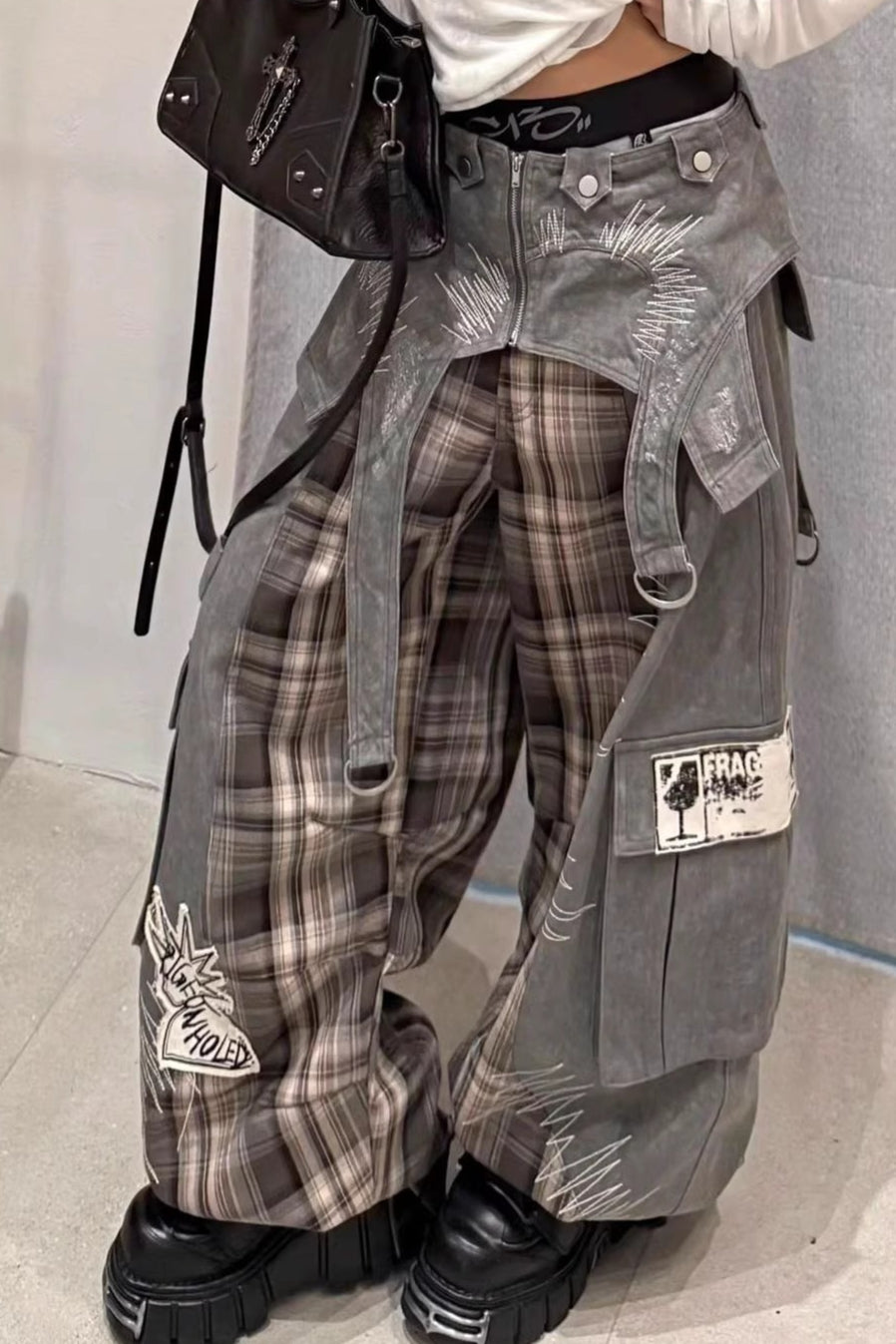 Patchwork Plaid Wide-Leg Jeans