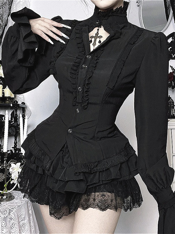 Gothic High Neck Ruffle Trim Blouse