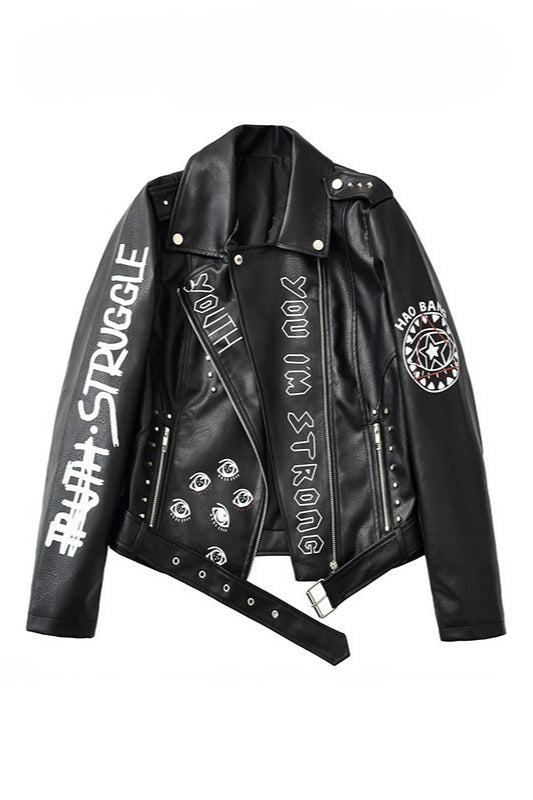 Graphic Grommet Strap Moto Leather Jacket Main image