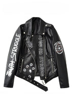Graphic Grommet Strap Moto Leather Jacket