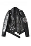 Graphic Grommet Strap Moto Leather Jacket