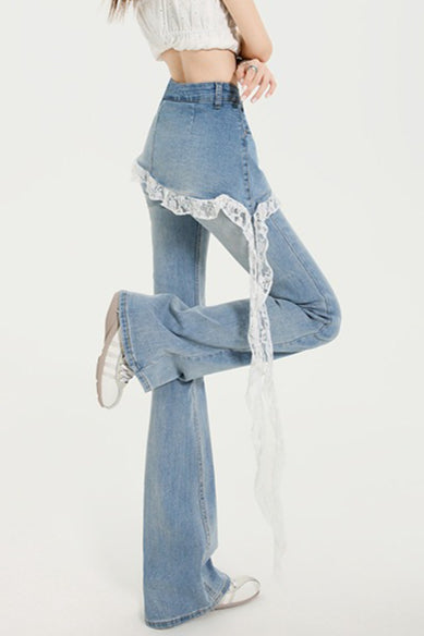 Lace Trim Layered Denim Pants