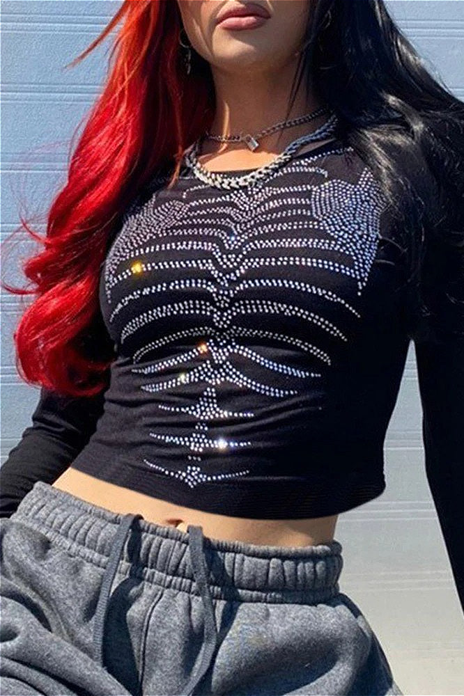 Punk Rhinestone Skull Long Sleeve Crop Top Secondary image